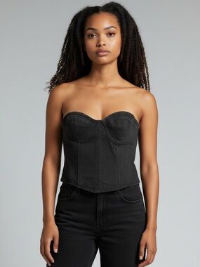 Zara Black Denim Corset Bustier Long Lined Top
